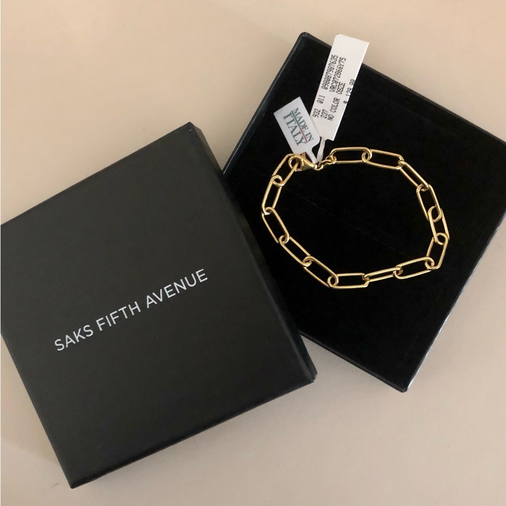 NWT 14K Gold Vermeil Paper Clip Bracelet in Yellow Gold by Saks Fifth Avenue